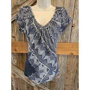 Delleta sz small anthropologie Layered blue geometric soft career casual top EUC